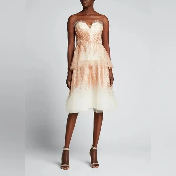 Marchesa Notte Pink and White Embellished Babydoll Dress Sweetheart Neckline - Picture 4 of 12